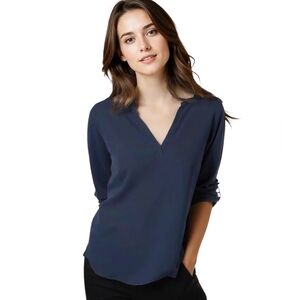 KISMET Small Flowy Blue Blouse Womens V-Neck Button Up Sleeve